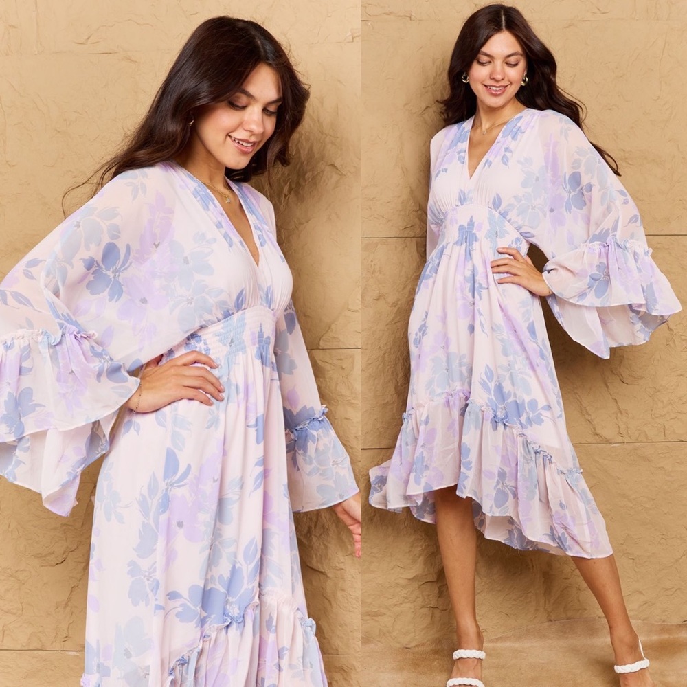 Floral Flutter Bell Sleeves Midi Dress